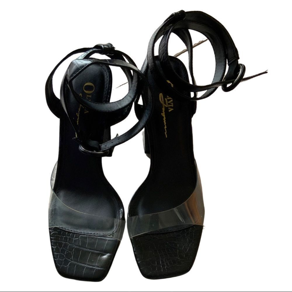 Olivia Black Crocodile Block Heels with clear toe straps size 8